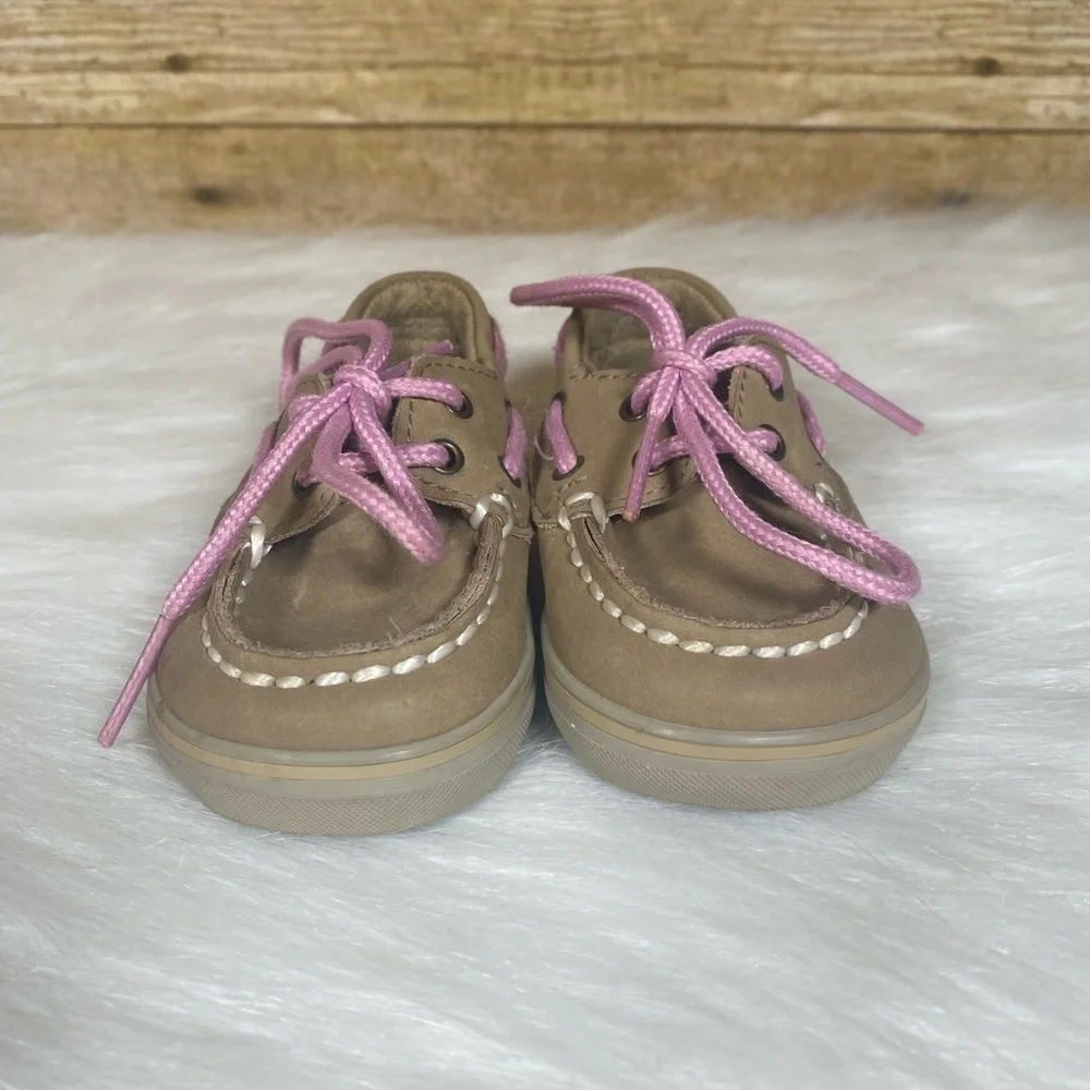 Sperry Top Sider Infant Size 1M Leather Upper Boat Shoes Pink Laces Pre-owned